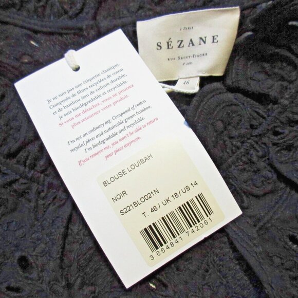 NWT Sezane Louisah Blouse in Noir Black Sheer Eyelet Ruffle Neck Top 46 US 14 - Picture 4 of 10